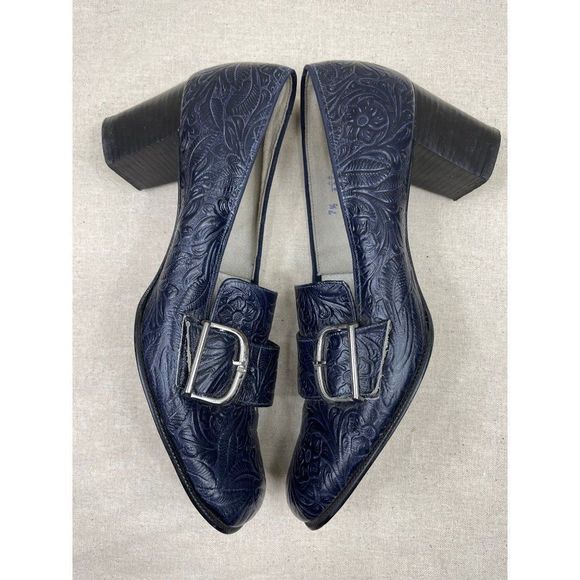 60s Vintage Black Tooled Leather Loafer with Silver Buckle and Chunky Heel Size - Picture 6 of 7